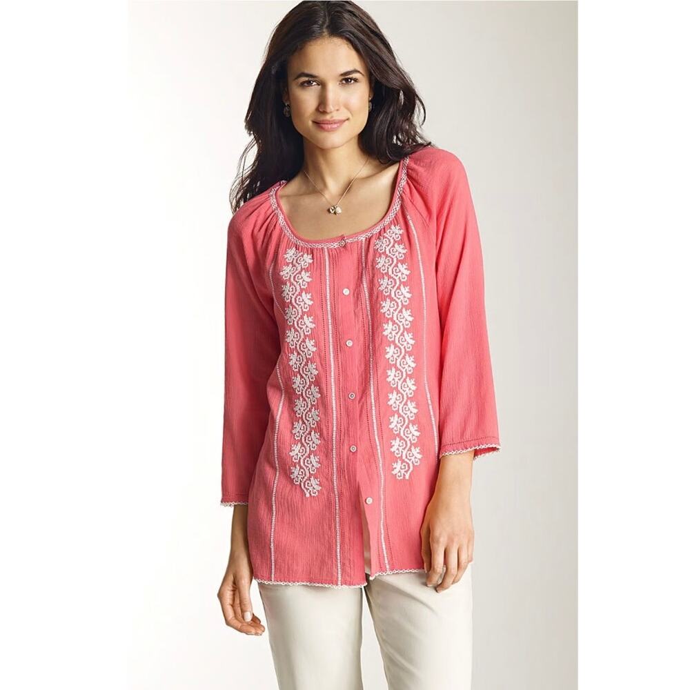 J Jill Embroidered Boho Gauze Tunic Pink Size XS‎ Button Front Peasant Blouse
